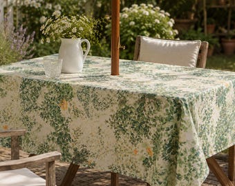 White Forest Rectangular Outdoor Tablecloth with Umbrella Hole & Zipper, Spill Resistant Linen Textured Patio Table Cover, Botanical Decor