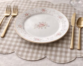 Gingham Scalloped Placemat Set of 4 6 8 10 12, Cotton Linen Checkered Placemats, washable dual-layer placemats for dining table 14"x18"