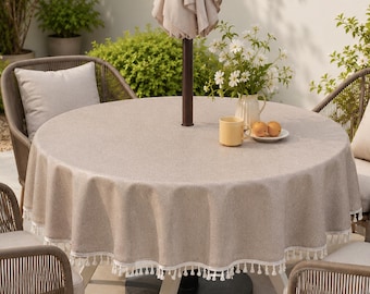 Toalha de mesa externa com orifício para guarda-sol e zíper, toalha de mesa redonda impermeável, capa com aparência de linho bege aveia, toalha de mesa estilo encerado