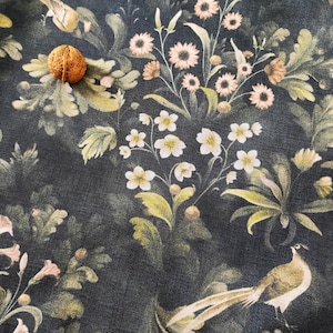Dark Fern Finch Linen-Textured Tablecloth, Arts & Crafts Botanical Design, Extra-Wide Custom Size for Rectangle  Square Tables