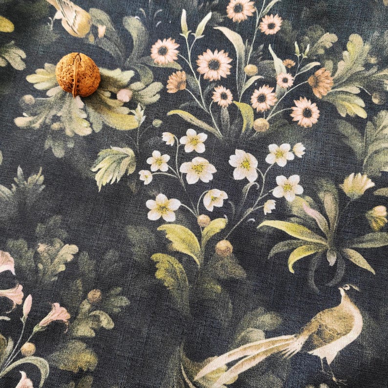 Dark Fern Finch Linen-Textured Tablecloth, Arts & Crafts Botanical Design, Extra-Wide Custom Size for Rectangle  Square Tables
