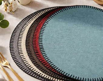 Linen Look Round Placemats Set of 4, Washable Cloth Table Mats, Farmhouse Dining Decor, Easy Care Heat Resistant