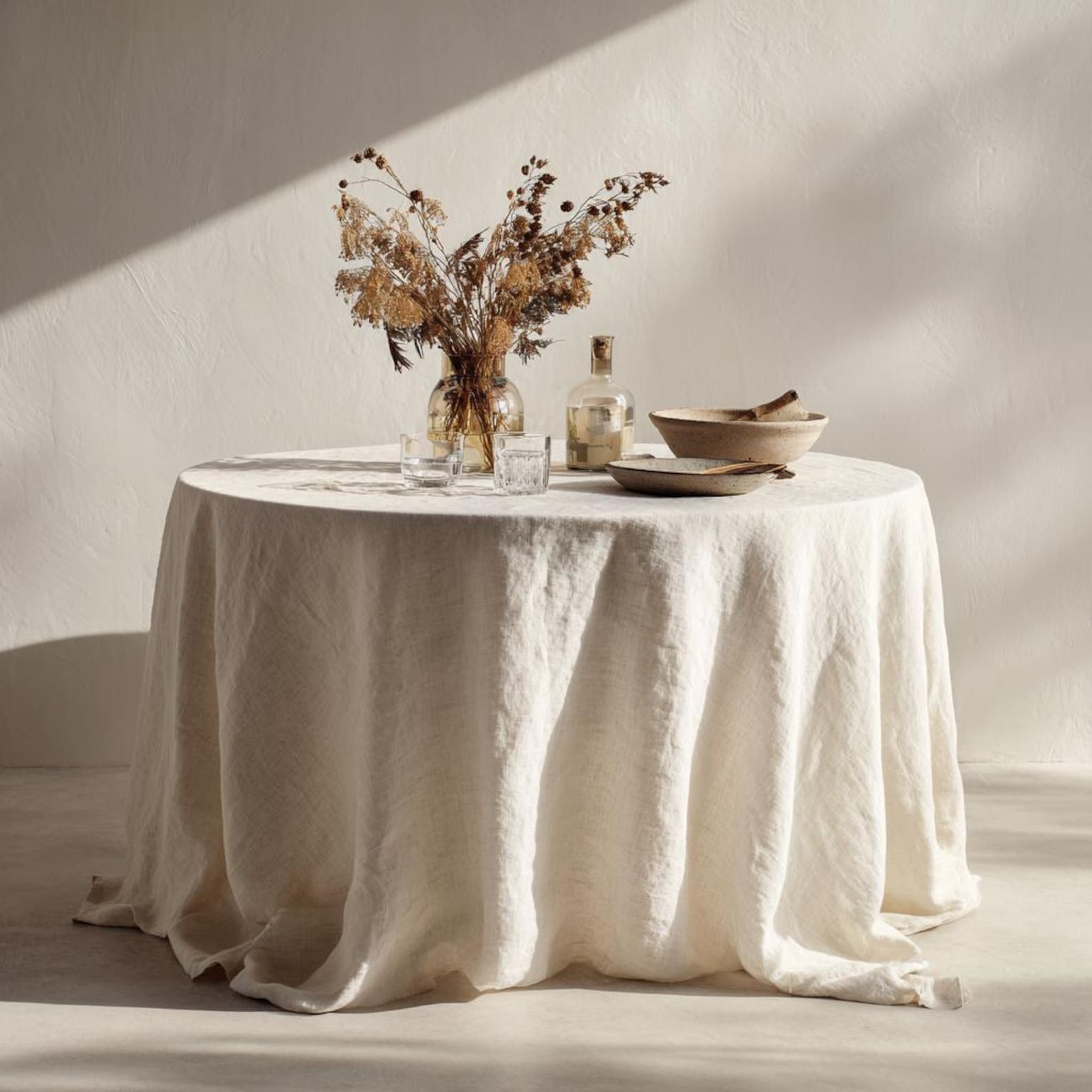 Heavyweight European Linen Tablecloth, Stone-Washed, Custom Size, Extra Large for Formal Dining & Weddings, Rectangle or Square - Natural White, 90"x156" (229x396cm)