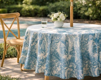 Blue Toile Outdoor Tablecloth with Umbrella Hole, French Country Patio Table Cover,Waterproof Wipeable Round Tablecloth,Custom Size