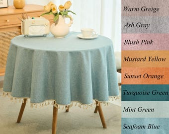 Round Oilcloth Tablecloth for Spring Dining - Linen Textured, Waterproof Stain-Resistant Outdoor Solid Color Coffee Table Mat