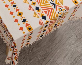 Bohemian Style Waterproof Tablecloth, Tassel Oilcloth Style, Custom Size, Stain-Resistant, Easy-Clean Outdoor Patio Decor, Spill-Proof Cover