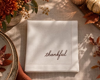 Personalized Embroidered Napkins, Cotton Linen Thanksgiving Napkins, Thankful Fall Table Decor, Hemstitched Border & Mitered Corners