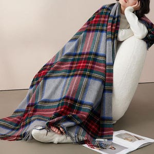 Personalized Merino Wool Blanket, Scottish Plaid Throw with Tassels, Embroidered Bed Runner, Large Decorative Gift