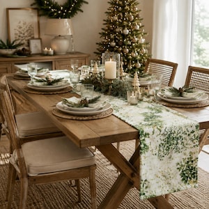 Caminho de mesa botânico branco da floresta para o Dia de Ação de Graças, toalha de mesa floral perene com textura de linho, decoração de jantar para feriados e o ano todo