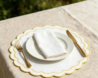 Round Scalloped Placemats Set of 4, Linen Textured Table Mats, French Farmhouse Dining Decor, Neutral Table Setting for Everyday & Hosting.