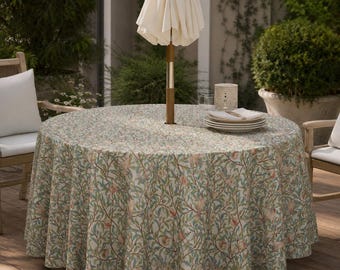 Pomegranate Oilcloth-Style Linen-Look Round Patio Tablecloth, Waterproof Wipe-Clean Outdoor Table Cover, Umbrella Hole & Zipper, Custom Size