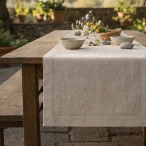 Linen Table Runner, European Natural Linen, Rustic Farmhouse Table Decor, Custom Size Wide Hem Wedding & Outdoor Dining