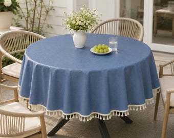 Toalha de mesa redonda impermeável, capa de mesa com aparência de linho, toalha de mesa estilo lona encerada azul acinzentada, tamanhos personalizados extragrandes.