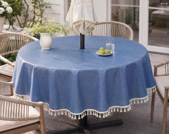 Toalha de mesa redonda para pátio com orifício para guarda-sol e zíper, toalha de mesa impermeável com aparência de linho, capa para refeições ao ar livre azul acinzentado, capa estilo lona encerada.