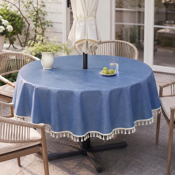 Round Oilcloth Tablecloth With Umbrella Hole & Zipper, Waterproof, Stain-resistant, Dusty Blue Outdoor Patio Tablecloth With Fringe
