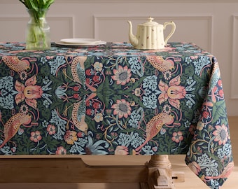 Water-Resistant Strawberry Thief Tablecloth, Extra Wide William Morris Table Cover, Linen-Textured English Cottage Floral Dining Cloth
