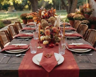 Custom Table Runner & Napkin Set, Linen Blend Fabric, 18 x 18 Inch Dinner Napkins, European Hemmed Edge, Thanksgiving Table Setting