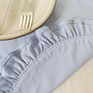 round placemat

linen placemat

ruffle placemat

farmhouse decor

cottagecore decor

round table mat

table setting

rustic table decor

cotton linen mat

double layer mat

wedding table decor

country table

Light Blue placemat