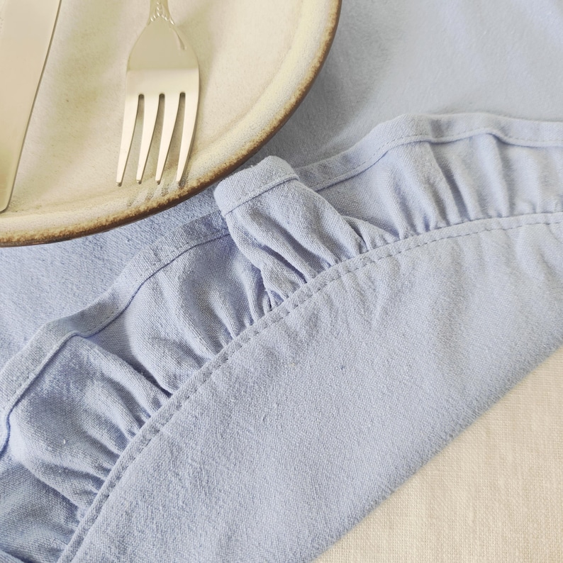 round placemat

linen placemat

ruffle placemat

farmhouse decor

cottagecore decor

round table mat

table setting

rustic table decor

cotton linen mat

double layer mat

wedding table decor

country table

Light Blue placemat