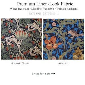 Vintage botanical tablecloth pattern options featuring Scottish Thistle and Blue Iris designs. Scottish Thistle showcases intricate green foliage, cream thistle flowers, and rust-colored accents on a dark background. Blue Iris features elegant orange iris flowers and muted green leaves against a deep navy background. Both patterns offer a timeless country-inspired look for distinctive dining table decor.