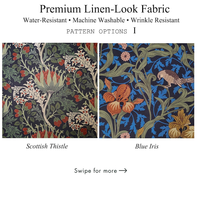 Vintage botanical tablecloth pattern options featuring Scottish Thistle and Blue Iris designs. Scottish Thistle showcases intricate green foliage, cream thistle flowers, and rust-colored accents on a dark background. Blue Iris features elegant orange iris flowers and muted green leaves against a deep navy background. Both patterns offer a timeless country-inspired look for distinctive dining table decor.
