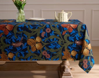 Royal Blue Linen-Textured Tablecloth, Extra Wide Wedding Tablecloth, Custom Banquet Table Cover, Heritage Floral Reception Deco
