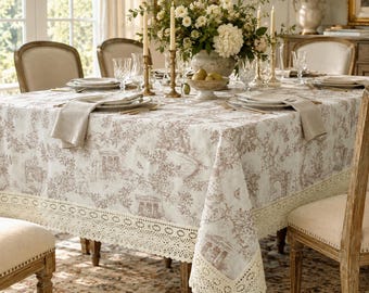 Garden Taupe Toile Rectangle Tablecloth, Water-Resistant Linen Textured Table Cover, Crochet Lace Trim, French Country Thanksgiving Decor