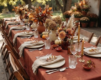 Rust Natural Linen Tablecloth, European Linen Tablecloth, Custom Size Large Rectangular Dining Tablecloth, Fall Thanksgiving Table Decor