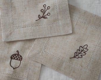 Embroidered Cotton Linen Cocktail Napkins, Thanksgiving Napkins, Set of 4 Fall Designs, Hemstitched Border & Mitered Corners