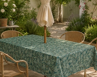 Vine & Leaves Spill Resistant Tablecloth with Umbrella Hole and Zipper, Linen Textured Outdoor Patio Dining Table Cover, Garden Decor