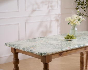 White Forest Custom Fitted Tablecloth, Waterproof Elastic Table Cover, Green Botanical Floral Tablecloth, Cottagecore Farmhouse Decor