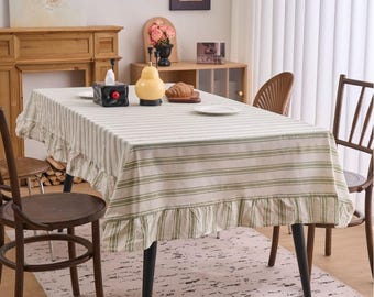 French Sage Green Striped Ruffled Tablecloth, Cotton Linen Table Cover, Farmhouse Dining Decor, Rustic Kitchen Linen, Mother's Day Gift
