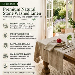 May include: Natural white linen tablecloth with intricate lace detailing. The tablecloth is approximately 60 x 60 inches, featuring a delicate embroidered design. The fabric appears soft and drapes elegantly, suitable for a dining table.
