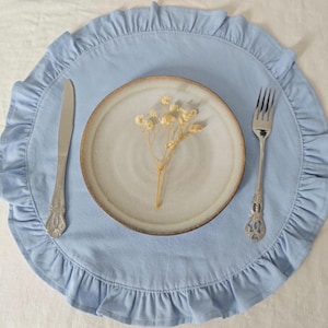 Outdoor Round Linen Placemat with Ruffle Edge, Farmhouse Cottagecore Table Decor, Double Layer Light Blue Cotton Linen Round Table Mat, 16 inchs Round