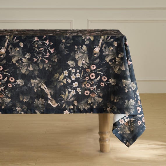 Dark Fern Finch Linen-Textured Water-Resistant Tablecloth, Arts & Crafts Botanical Design, Extra-Wide Custom Size for Rectangle Square Table