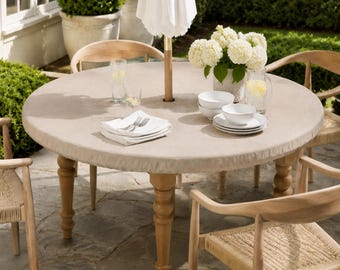 Toalha de mesa redonda ajustável para exterior com orifício para guarda-sol e zíper, textura de linho bege, capa de mesa para pátio, toalha de mesa de jardim resistente ao vento com borda elástica