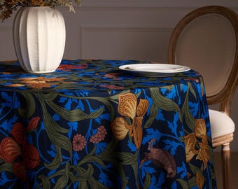 Round Royal Blue Tablecloth, Linen-Textured Floral Table Cover, Romantic English Tea Table Decor, Custom Round Dining Tablecloth