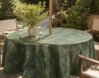 Forest Fern & Berry Waterproof Tablecloth with Umbrella Hole and Zipper – TPU Table Cover for Patio Dining, Wipe Clean Outdoor Tablecloth