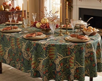 Custom Scottish Thistle Water-Resistant Oval Tablecloth, Linen Textured, Thanksgiving Table Decor, William Morris Botanical Fall Tablecloth