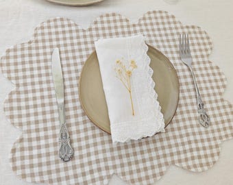 Gingham Scalloped Placemat Set of 4 6 8 10 12, Cotton Linen Checkered Placemats, washable dual-layer placemats for dining table 14"x18"