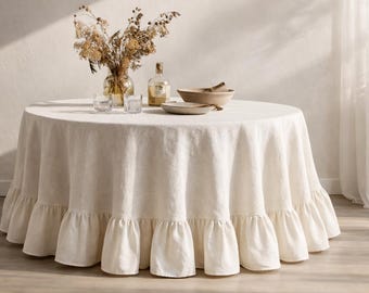Oversized Round Linen Tablecloth with Ruffle, Floor Length European Linen Table Cover, Rustic Farmhouse Wedding Decor, Custom Size
