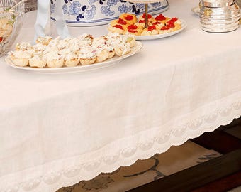 European Natural Linen Tablecloth with Lace Tirm, Washed Table Cover, Custom Size Table Linen, Large Width, Spring Farmhouse Rustic Style