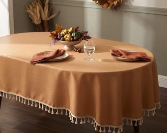 Toalha de mesa personalizada em linho texturizado laranja pôr do sol, impermeável, para mesas ovais e redondas, ideal para decoração de mesa de outono e Ação de Graças, com opções de borda de renda com franjas.