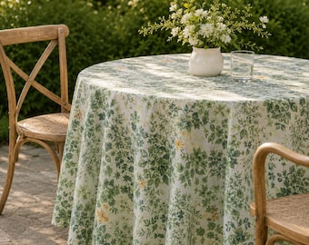 White Forest Botanical Waterproof Tablecloth, Linen Look Wipe Clean Table Cover, Soft Round Oilcloth Tablecloth