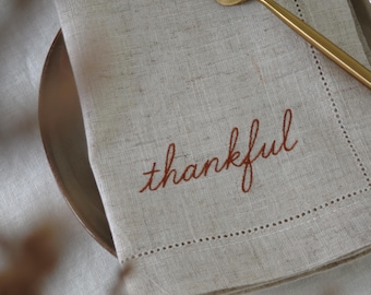 Personalized Embroidered Napkins, Cotton Linen Thanksgiving Napkins, Thankful Fall Table Decor, Hemstitched Border & Mitered Corners