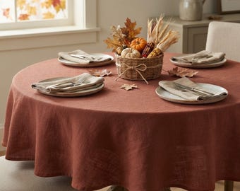 Rust Natural Linen Tablecloth, Round & Oval Custom Size Tablecloth, Large Farmhouse Dining Tablecloth, Fall Thanksgiving Table Decor