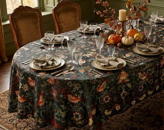 Custom Oval Water-Resistant Tablecloth, Linen Textured, Thanksgiving Fall Tablecloth, Vintage Botanical Strawberry Thief Tablecloth