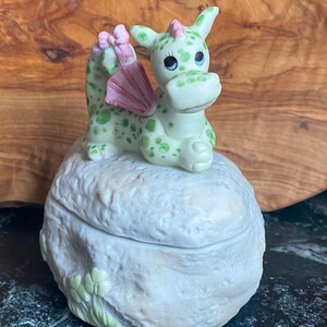 Sweet Green and Pink Dragon Trinket Box with Shamrocks
