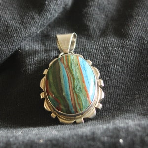 Cecil Sanders signed Rainbow Calsilica Navajo pendant on sterling silver