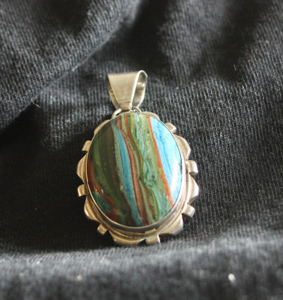 Cecil Sanders signed Rainbow Calsilica Navajo pendant on sterling silver